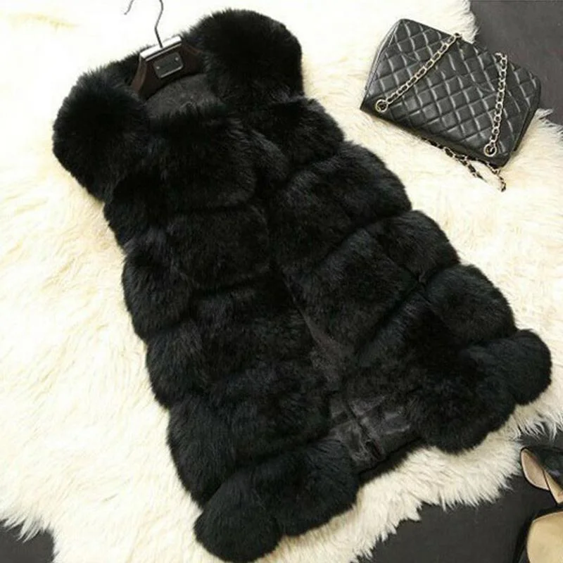 FTLZZ Winter Women Faux Fur Coats New Warm Slim Sleeveless Faux Fox Fur Vest Casual Jacket Female Elegant Black White Casaco 1026