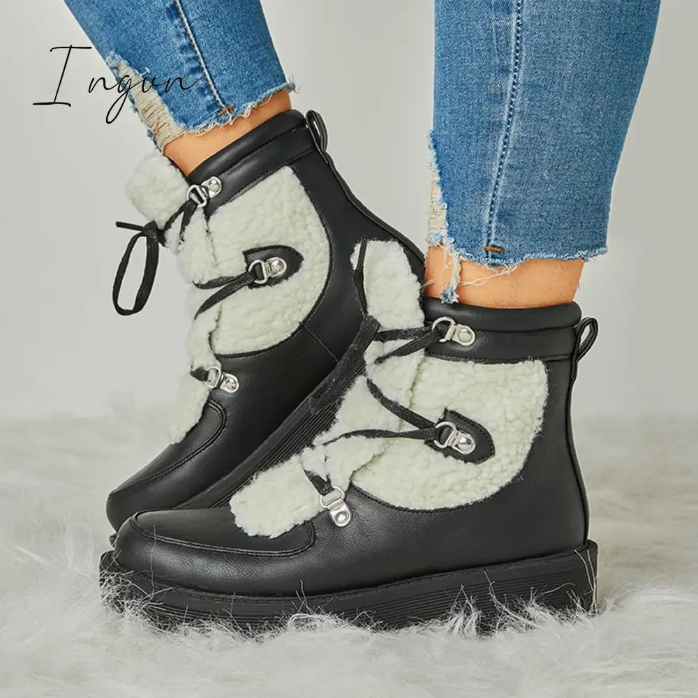 Ingvn - Women’s Faux Shearling Stiching Lace Up Snow Boots Black / 5
