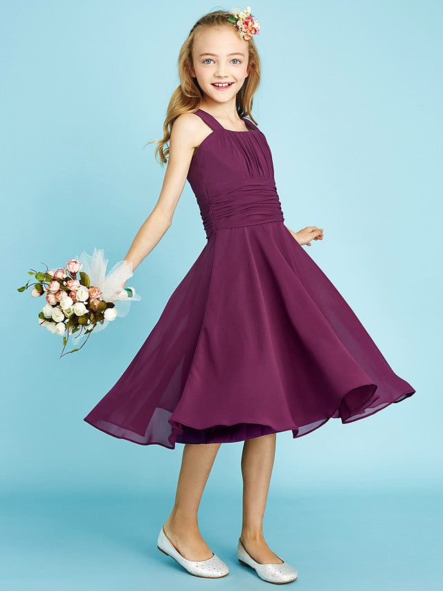 Oknass A-Line Straps Knee Length Chiffon Junior Flower Girl Dress With Sash Draping Natural