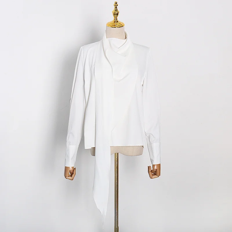 Ueong TWOTWINSTYLE White Ruched Solid Shirt For Female Stand Collar Long Sleeve Minimalist Blouse Women 2022 Fashion New Clothing