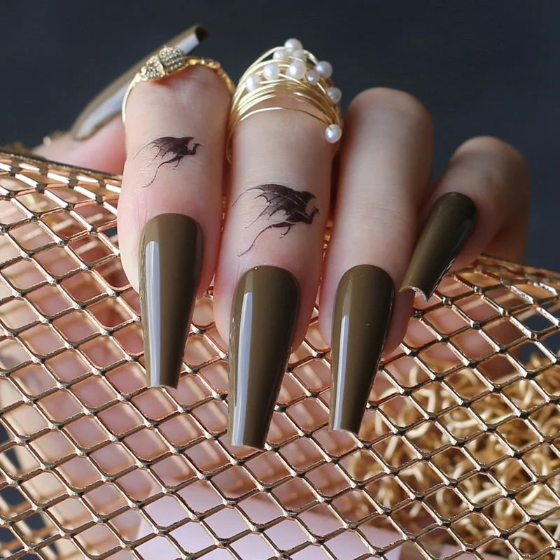 Extra gel Burgundy fasle nails Nude Long Luxury Coffin coffee Acrylic nails salon 24pcs fake nails ballet UV glossy available-Nail Inspo