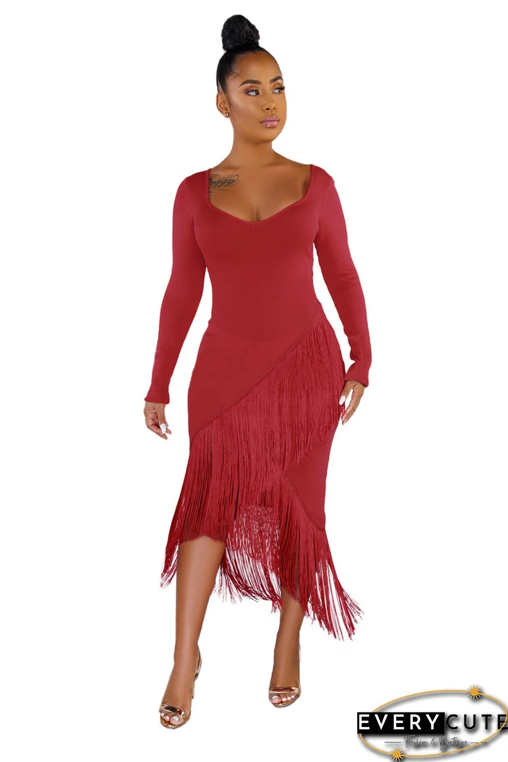 Red Glove Sleeves Fringed High-low Midi Dress