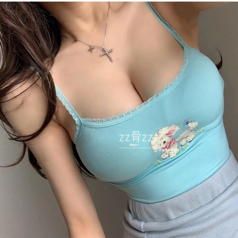 WOMENGAGA Elegant Kawaii Cute Lace  Top Cartoon Print Navel Girls Tank Tops Vest Sky Blue Korean Women Streetwear Gothic QK8