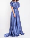 satin embroidered ruffled maxi dress
