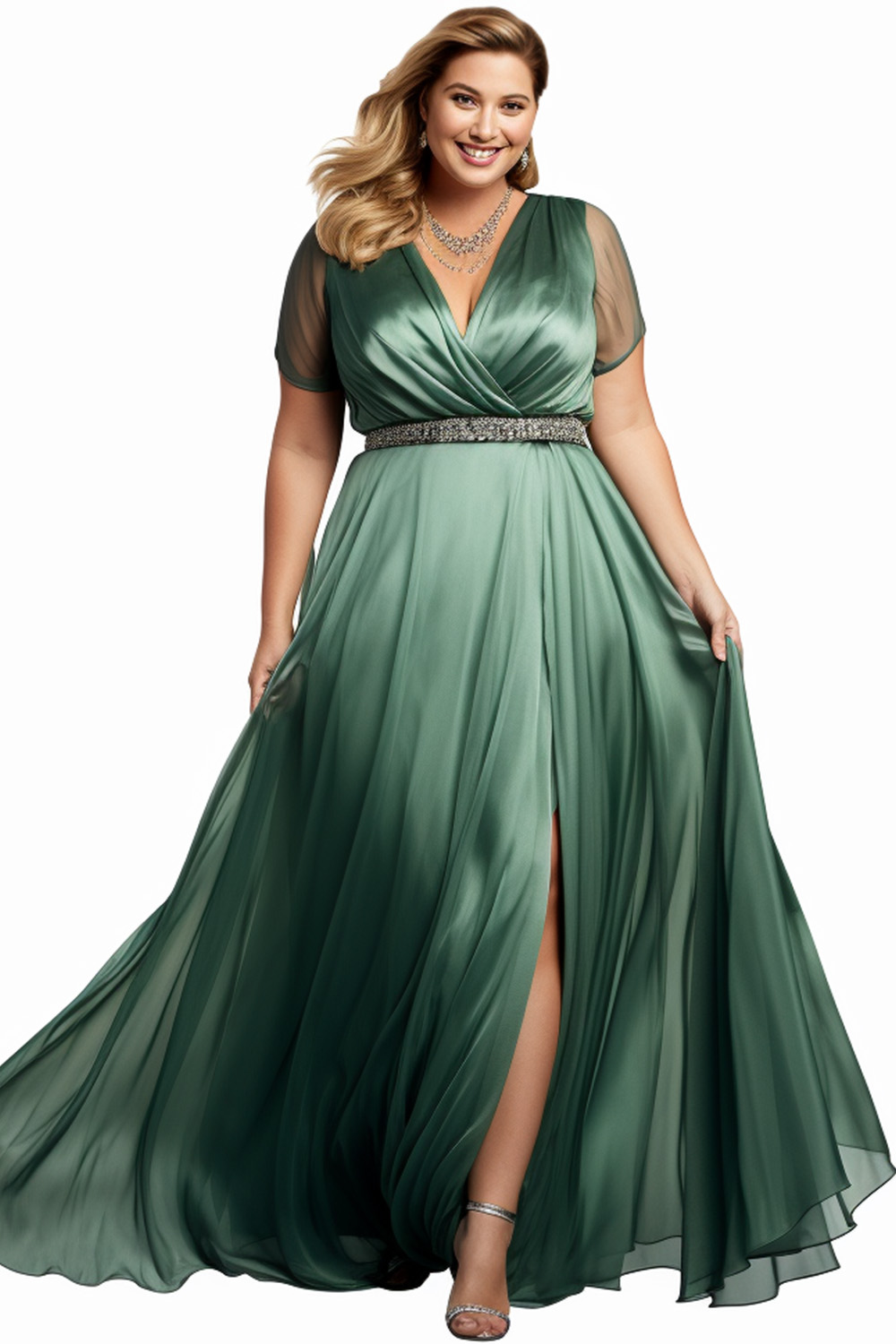 Flycurvy Plus Size Wedding Guest Dark Green Wrap Split Maxi Dress 2024 - Flycurvy 