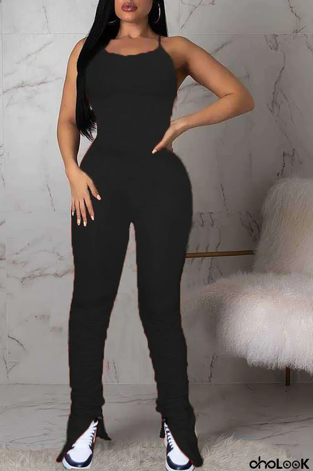 Black Sexy bandage Backless Draped Sleeveless Slip Jumpsuits