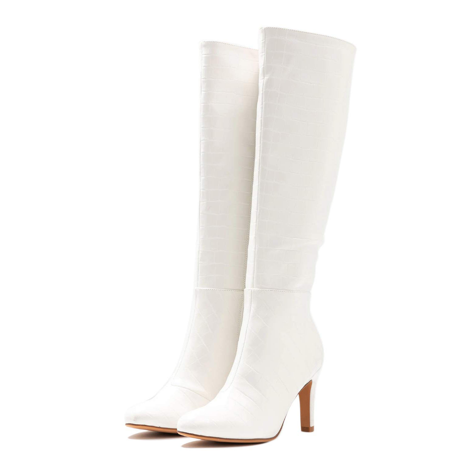 Ivory Vegan Leather Pointed Toe Croc-Embossed Side-Zip Knee-High Boots