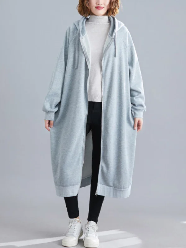 Casual Roomy Long Sleeves Pure Color Hooded Outerwear