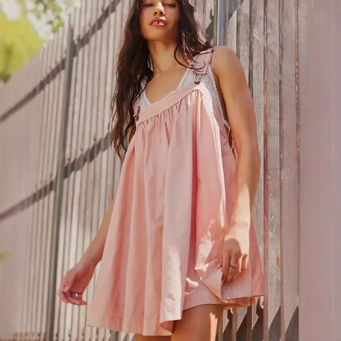 Women's Pink Lace Trim Suspender Babydoll Loose Swing Mini Dress