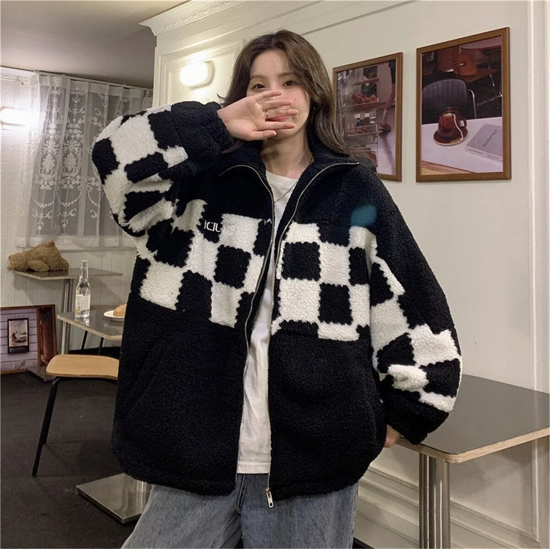 Lourdasprec Black Plaid Hoodie Women Harajuku Girl Kpop Jacket Loose Hip Hop Funny Tops Autumn Winter Zip Up Hoodie Streetwear Females