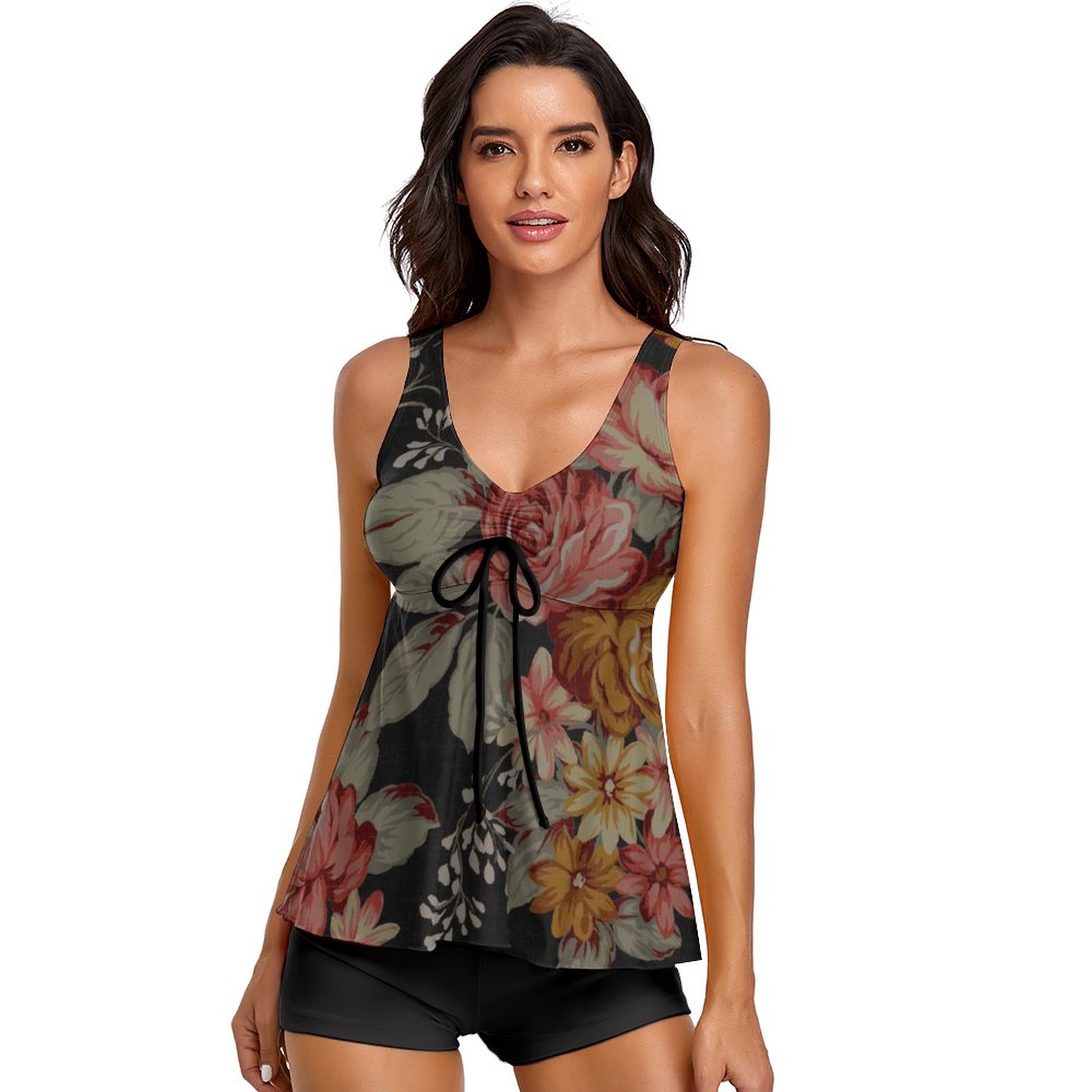Women's Rose Two Piece Tankini Tummy Control Flowy Swimwear - Black