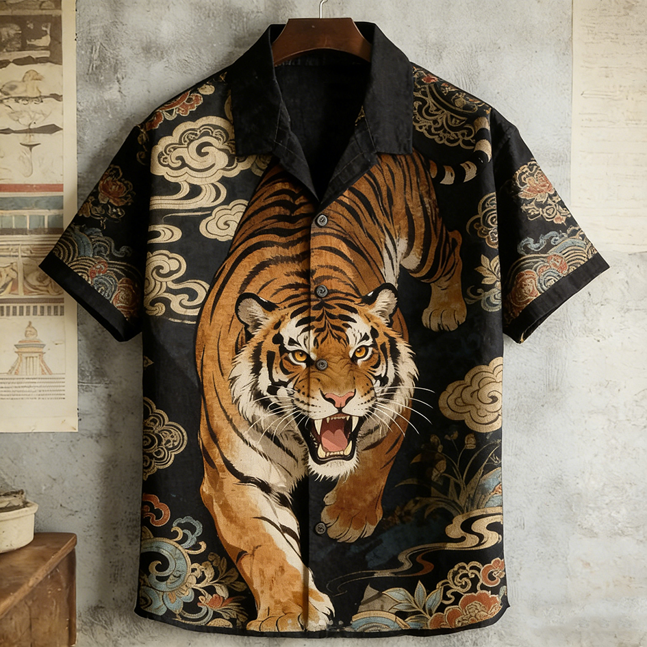 Japanese Art Vintage Tiger Pattern Men's Short Sleeve Shirt  artssus