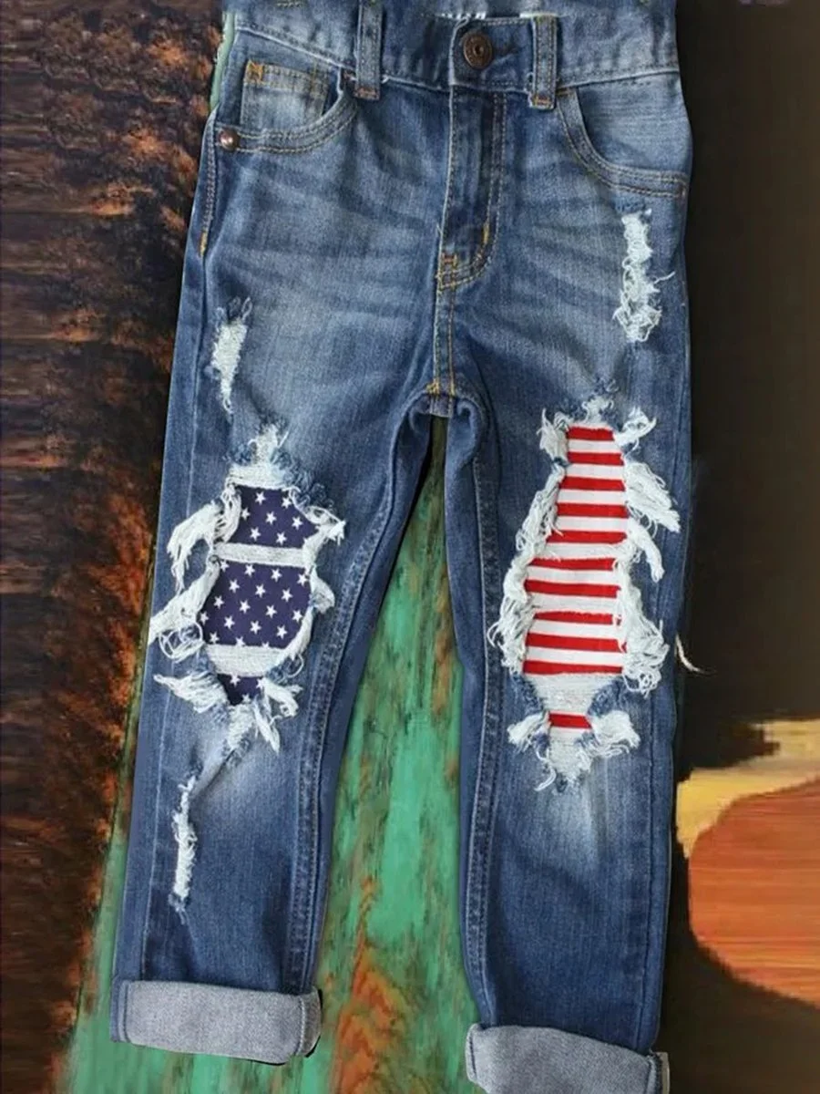 America Flag Stars and Stripe Worn Out Jeans