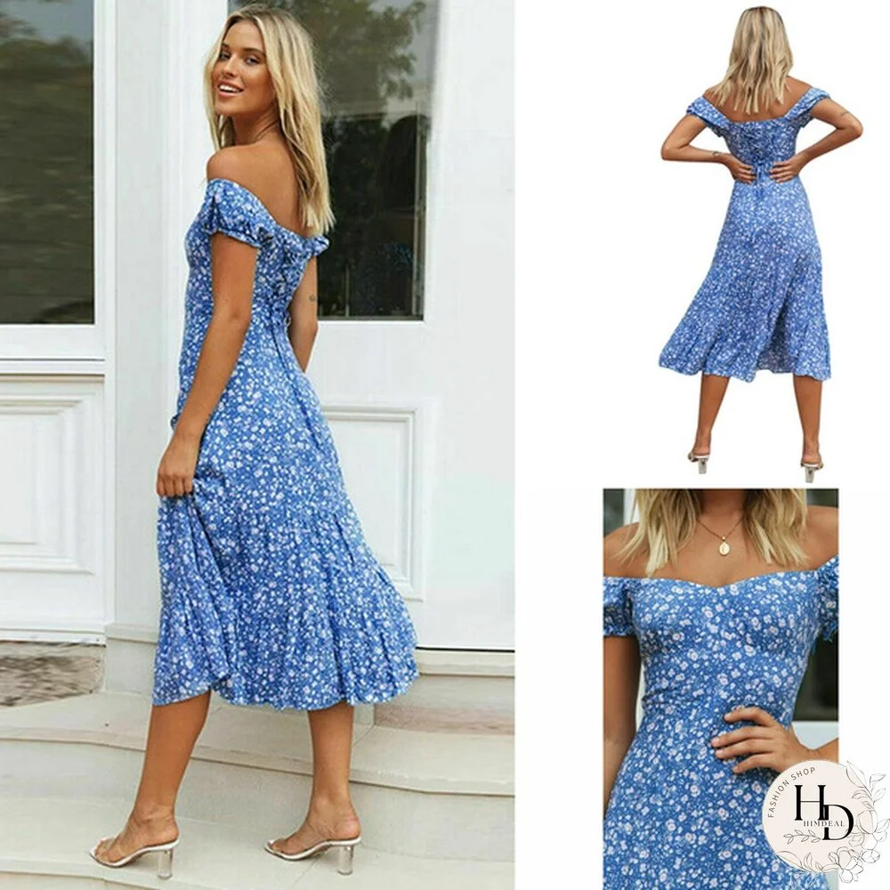 Women Boho Floral Dress Sexy Off Shoulder Long Dress Summer Wrap Beach Sundress