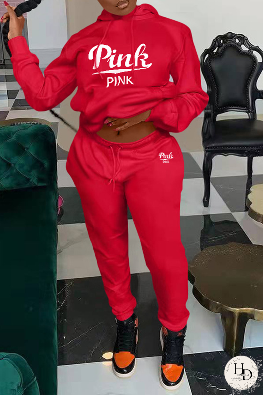 Pink Casual Print Patchwork Hooded Collar Long Sleeve Two Pieces