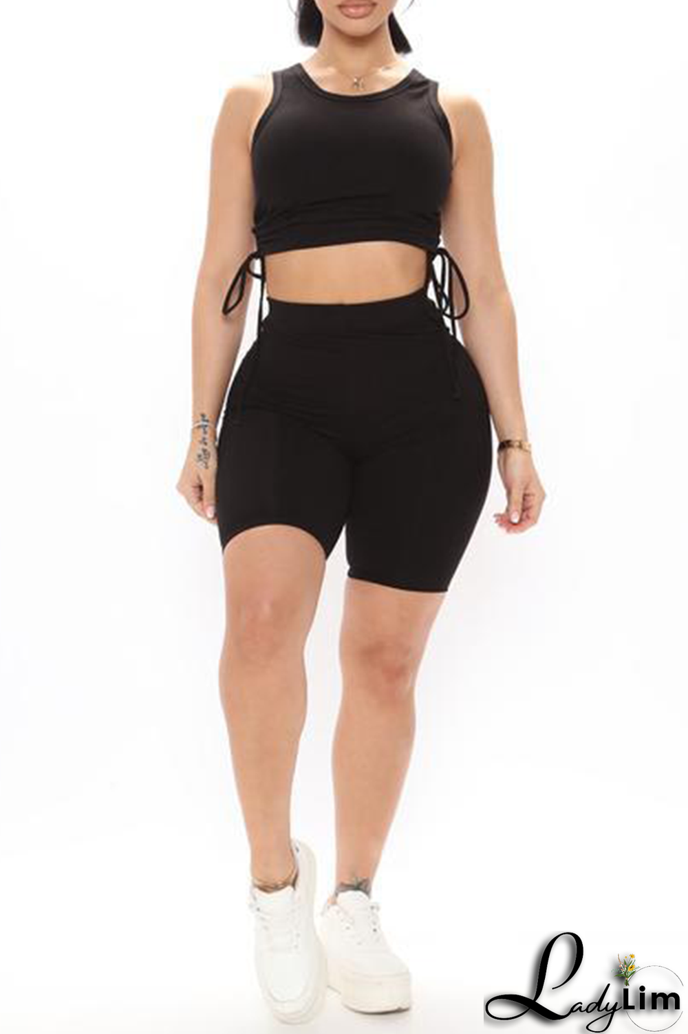 Grey Sportswear Solid Draw String O Neck Sleeveless Two Pieces