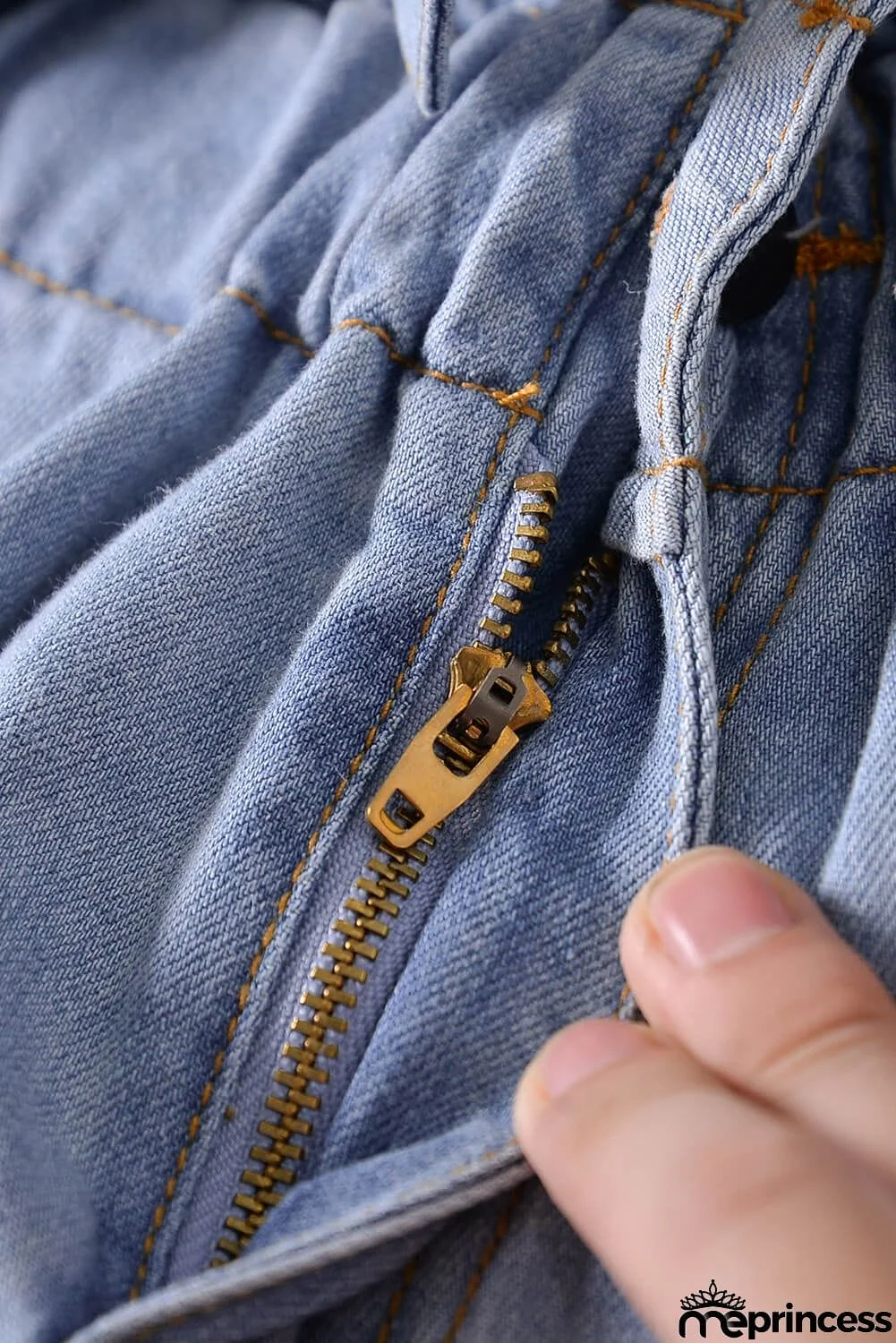 Women Light Blue Roll Hem Paper Bag Waist Denim Shorts