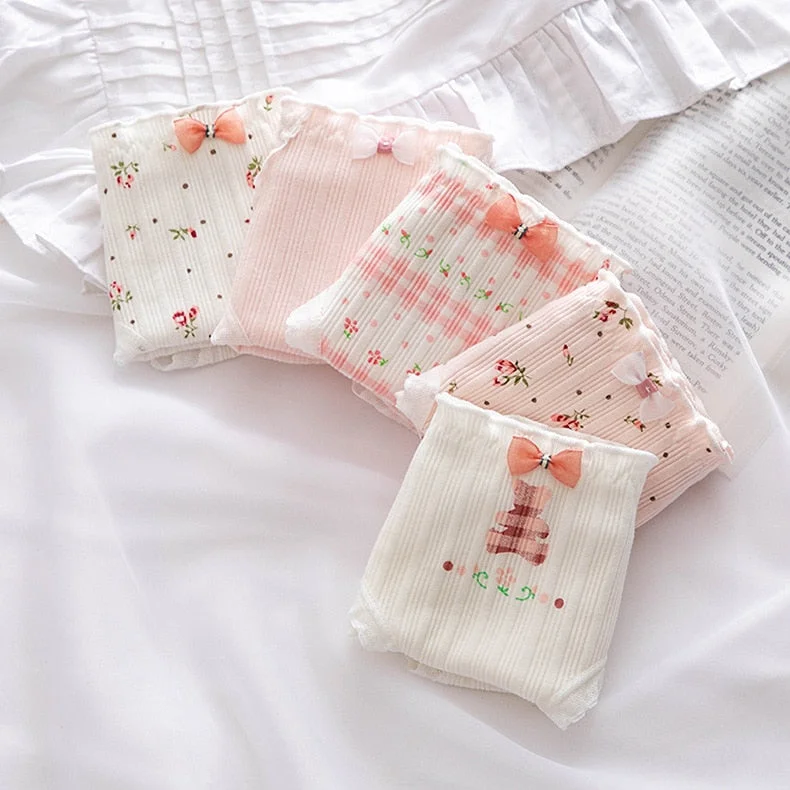 Five Piece Underwear Set Women's Cotton Panties Sexy Lace Underwear Fashion Flower Comfort Briefs Mid-Waisted Female Lingerie
