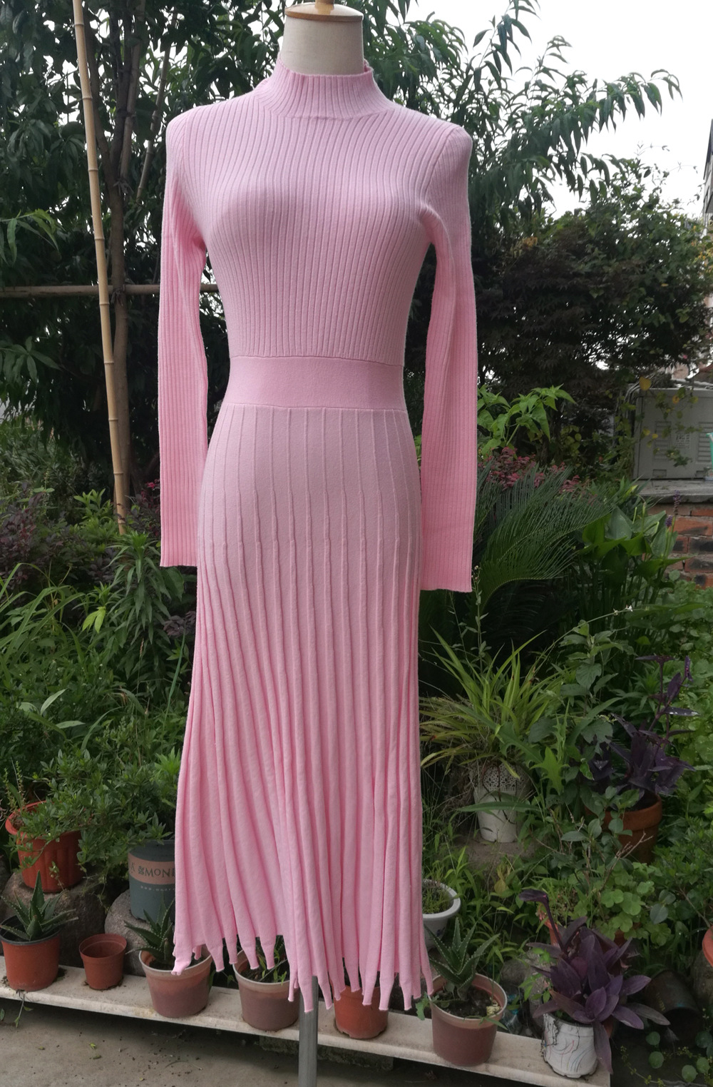 Ootddress Ribbed Pleated Knit Dress Women Loose Fashion Patchwork Long Sleeve Dress High Waist Knitwear Female Autumn Maxi Dress New