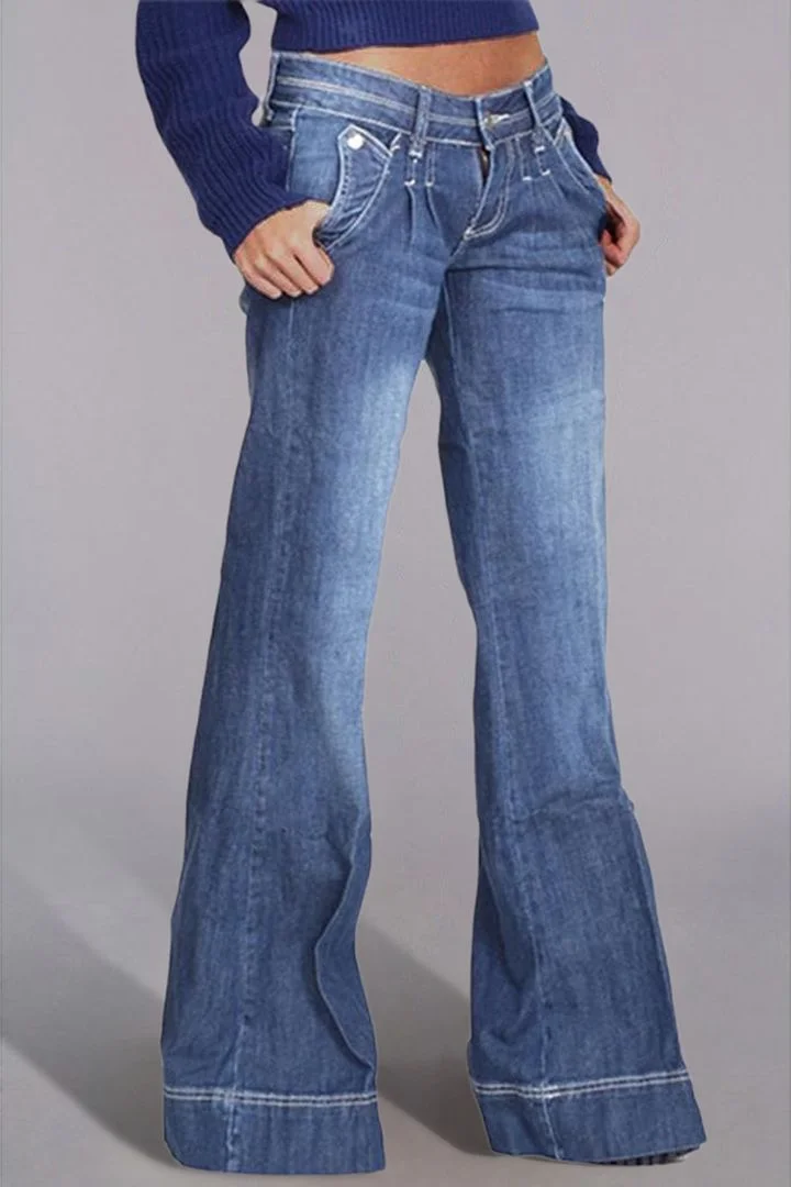 Pleated Pocket Detail Low Waist Flare Jeans