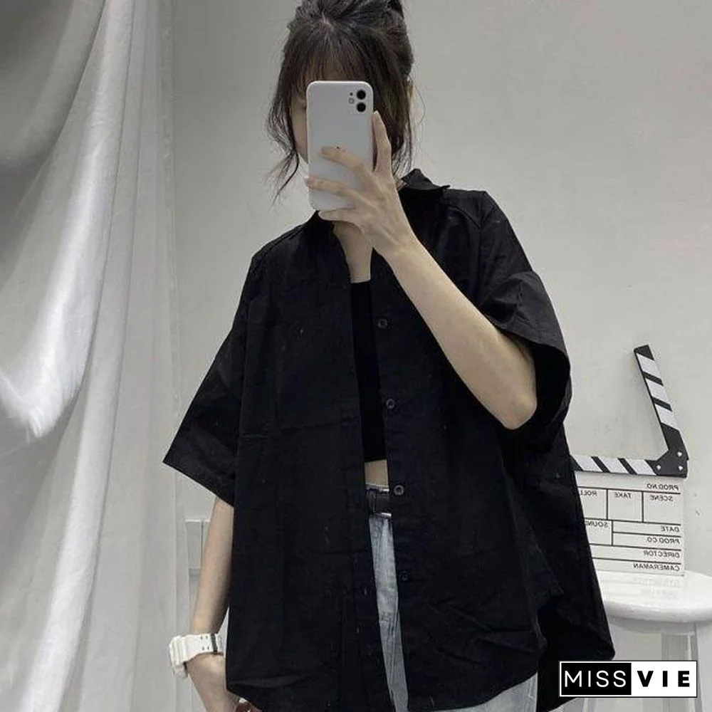 Blouses Shirts Three Quarter Sleeve Women Summer Solid Ulzzang Black Outwear Tops All-match Ins Retro Womens Fashion Students