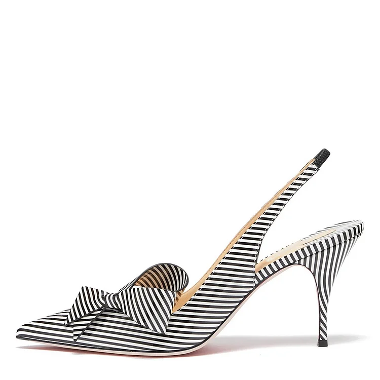 Black and White Patent Leather Stripe Stiletto Heel Slingback Pumps |FSJ Shoes