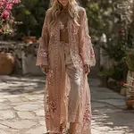 Women's Pink Rose Pattern Casual Long Cardigan - Image 2