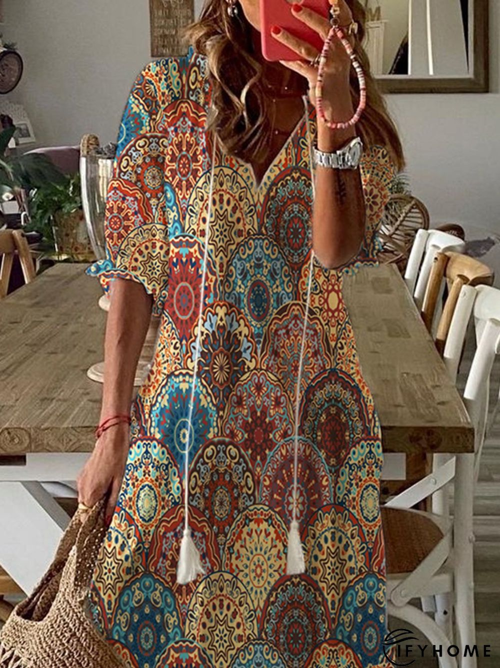 V Neck Geometric Half Sleeve Casual Dress | IFYHOME