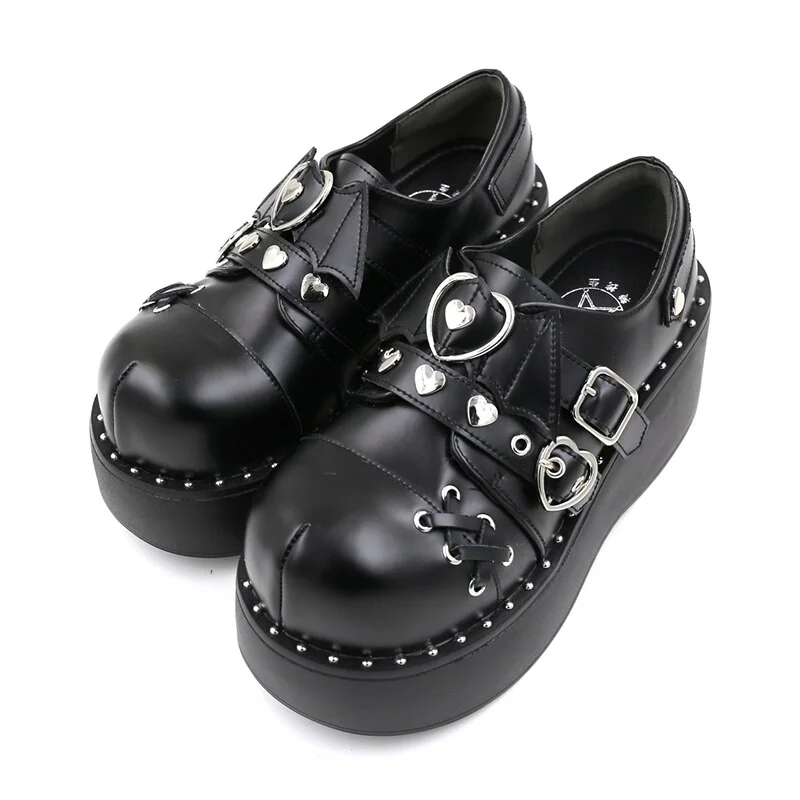 Qengg Kawaii Cute Loli Devil Little Bat Bow Punk Thick Bottom Cosplay Height Single Shoes College Leather Shoes Round Toe High Heels