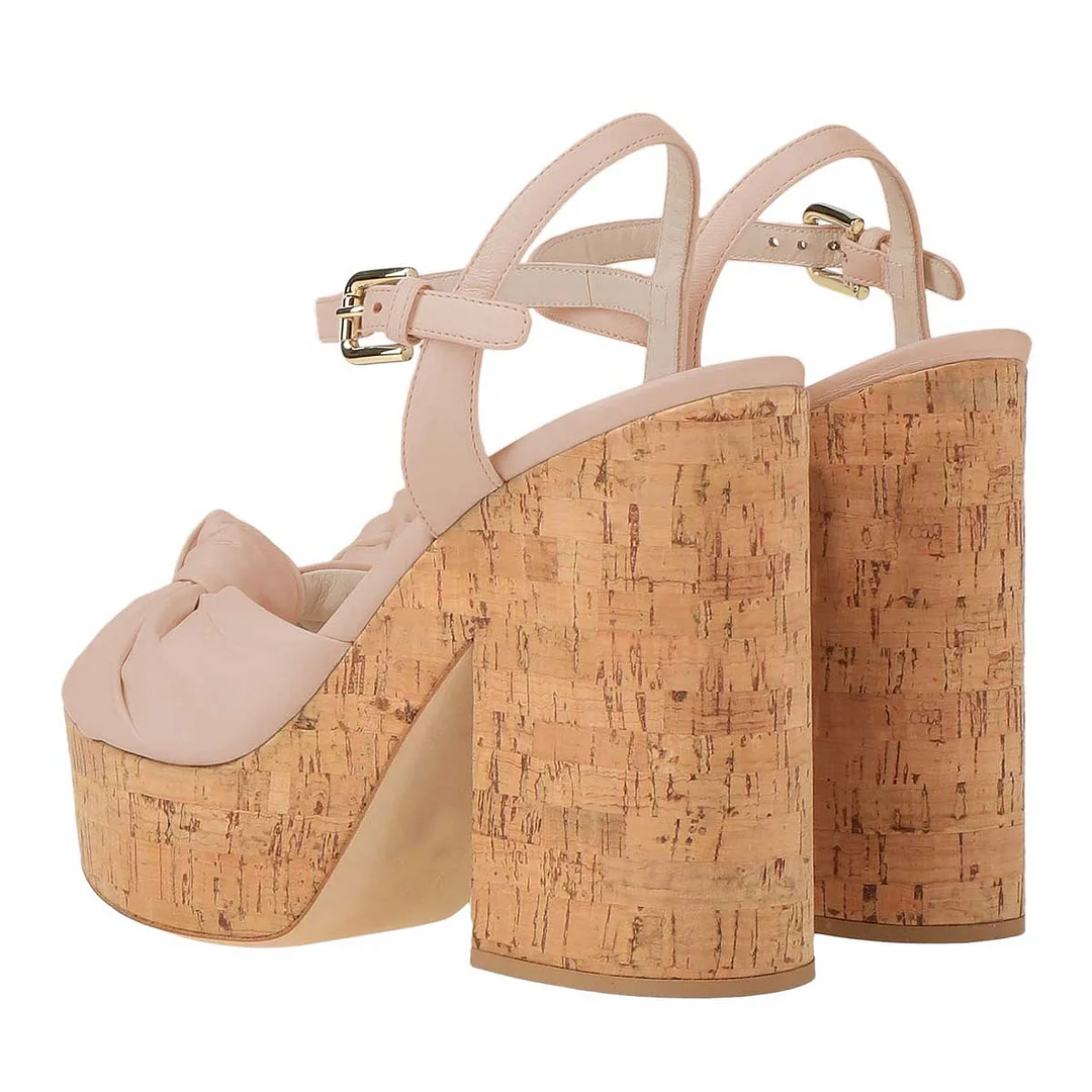 Women's Buckled Vamp Strap Nude Platform Heel Sandals with Knot