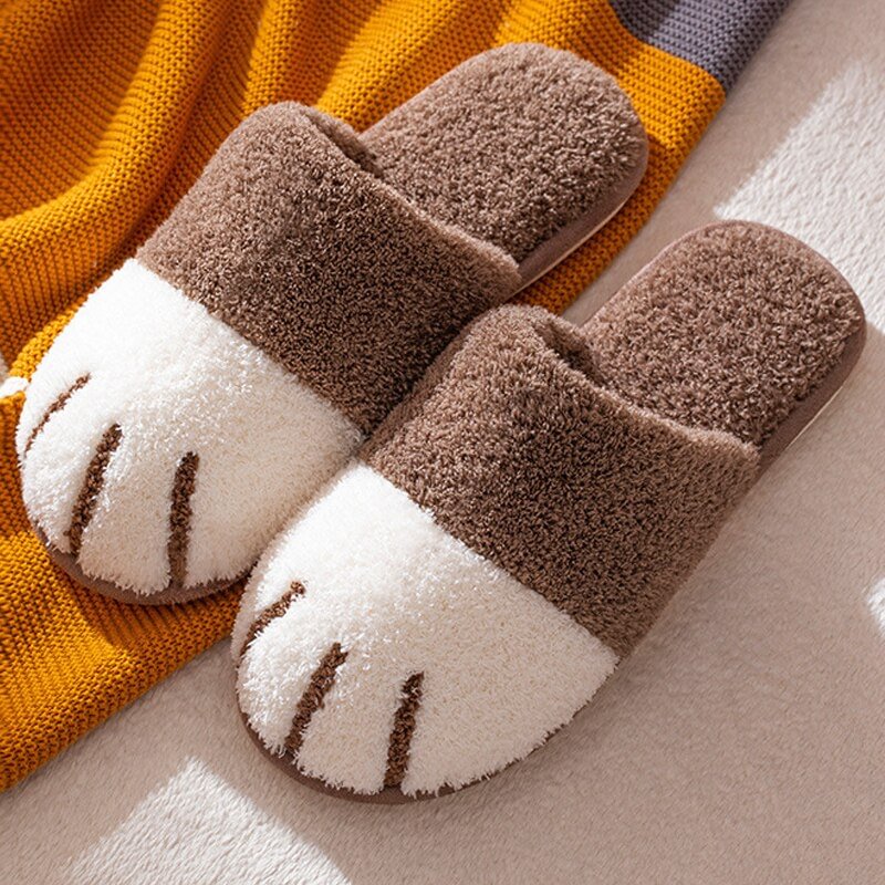 Winter House Cute Cat paw Slipper Women Fur Slippers Bedroom Floor Mute Lovers Plush Shoes Nonslip Indoor Women Fluffy Footwear