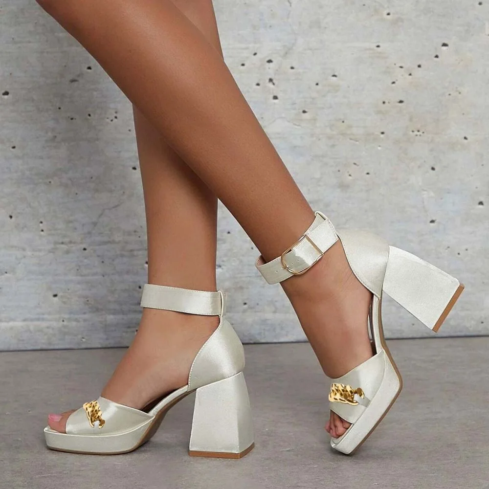 White Satin Platform Sandals Ankle Strap Block Heels With Chain Nicepairs