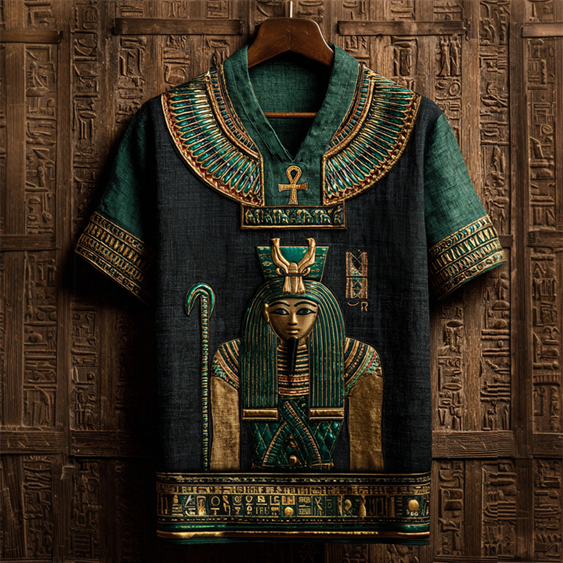 Ancient Egyptian Osiris & Ankh Embroidered Linen Shirt