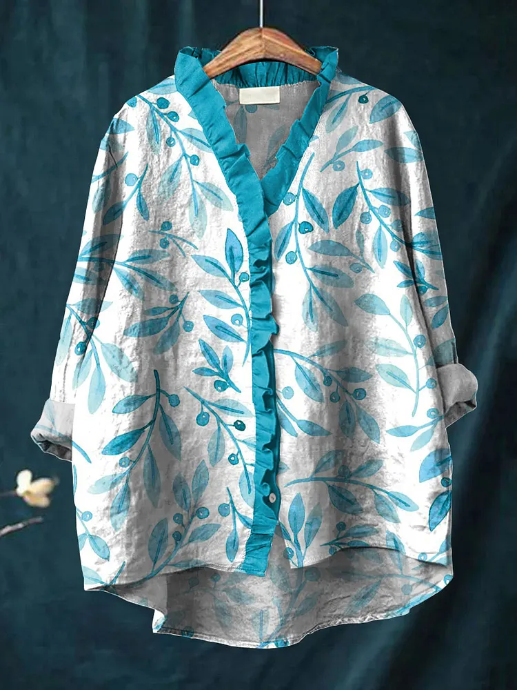 Women's Vintage Floral Art Print Casual Cotton And Linen Ruffle Shirt