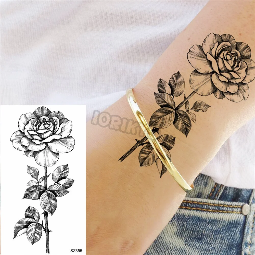 Black Rose Flower Temporary Tattoos For Women Girls Realistic Cosmic Moon Thorns Fake Tattoo Sticker Forearm Tatoos Legs Wedding