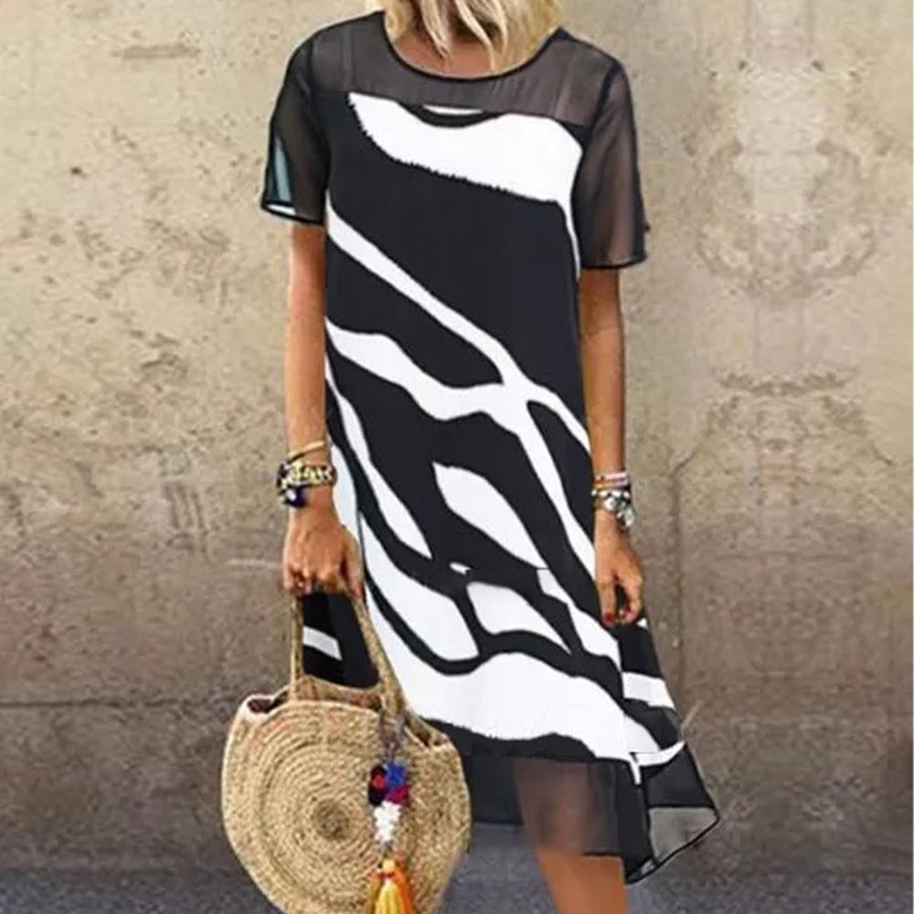 Black And White Short Sleeve Midi Dress