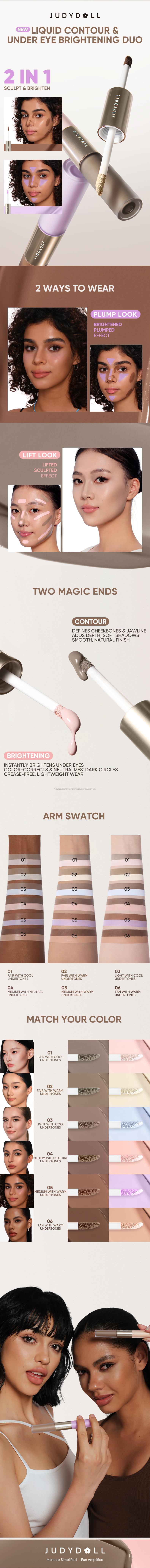 JUDYDOLL Liquid Highlighter & Contour Duo, Liquid Contour & Under Eye Brightening Duo, Bronze, Buildable, Ultra-Blendable, Dual-Ended Highlighter & Contour Liquid, Makeup, Cosmetic, Long-Lasting, Christmas Gift
