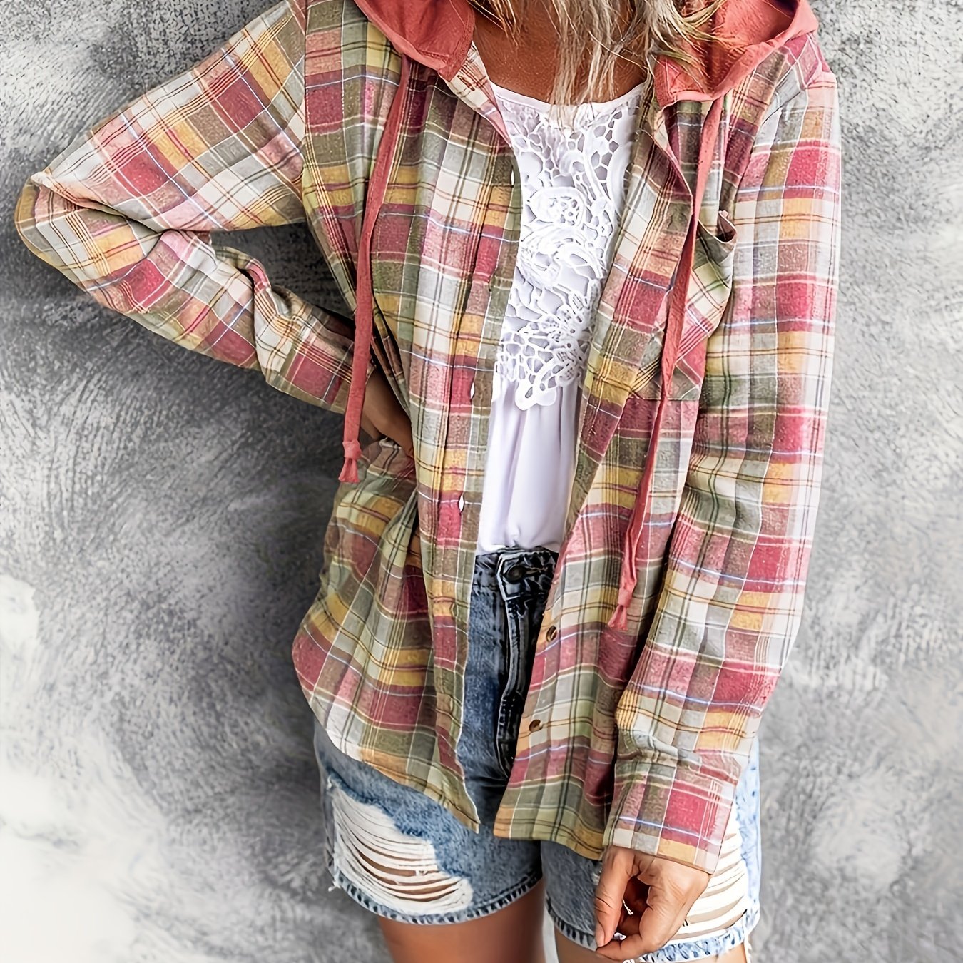 Plaid Print Hooded Shirt, Casual Long Sleeve Drawstring Shirt, Women's Clothing