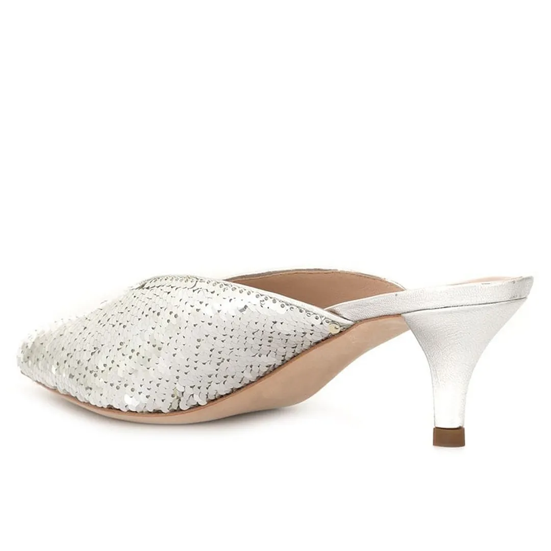 Silver Sequins Embellished Kitten Heel Pointed Toe Mules for Women