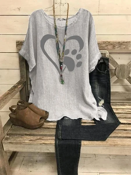 Gray Crew Neck Cotton Casual Short Sleeve Shirts & Tops