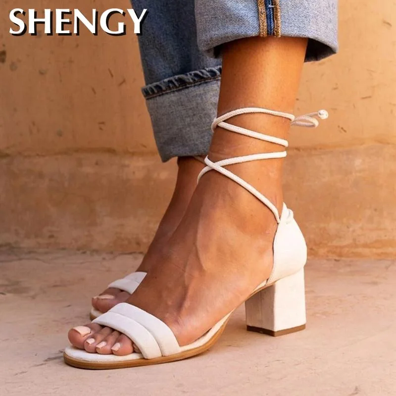 SHENGY 2020 Women High Heels Summer Roman Mid Heel Square Heel Lace Up Strap Women Sandals Shoes Ladies Plus Size Pumps