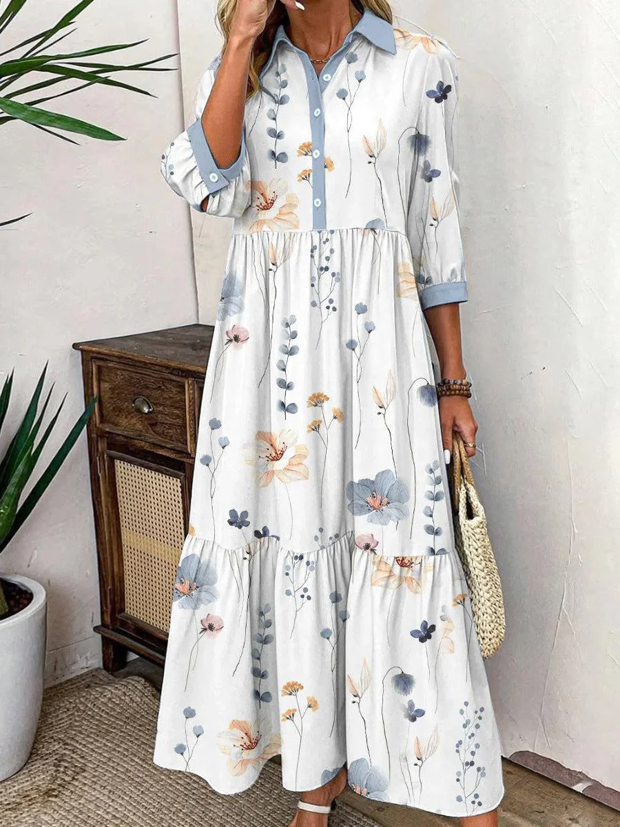 Women Half Sleeve Shirt Collar Floral Printed Graphic Button Pockets Maxi Dress