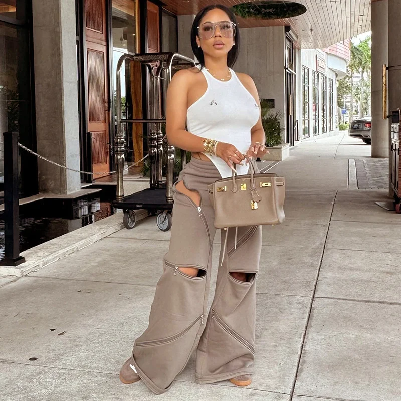 Uveng Uveng Women's Autumn And Winter Pure Color High-Waisted Multi-Waist Zipper Tight Rope Loose Sports Leisure Pants