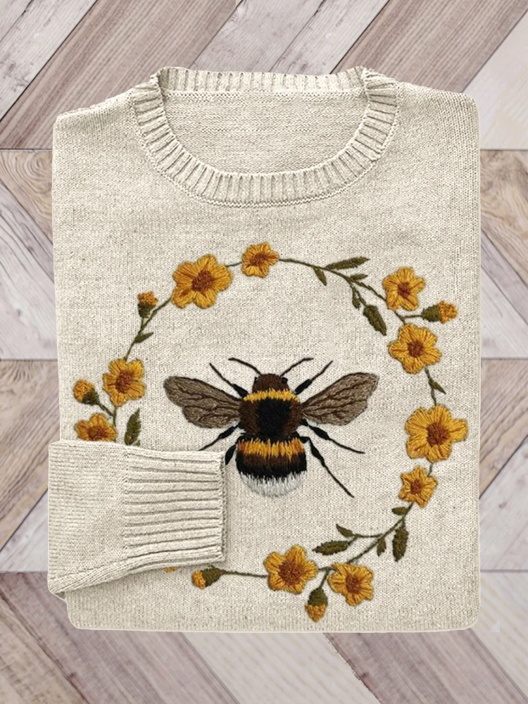 Comstylish Bee & Floral Embroidery Art Knit Sweater