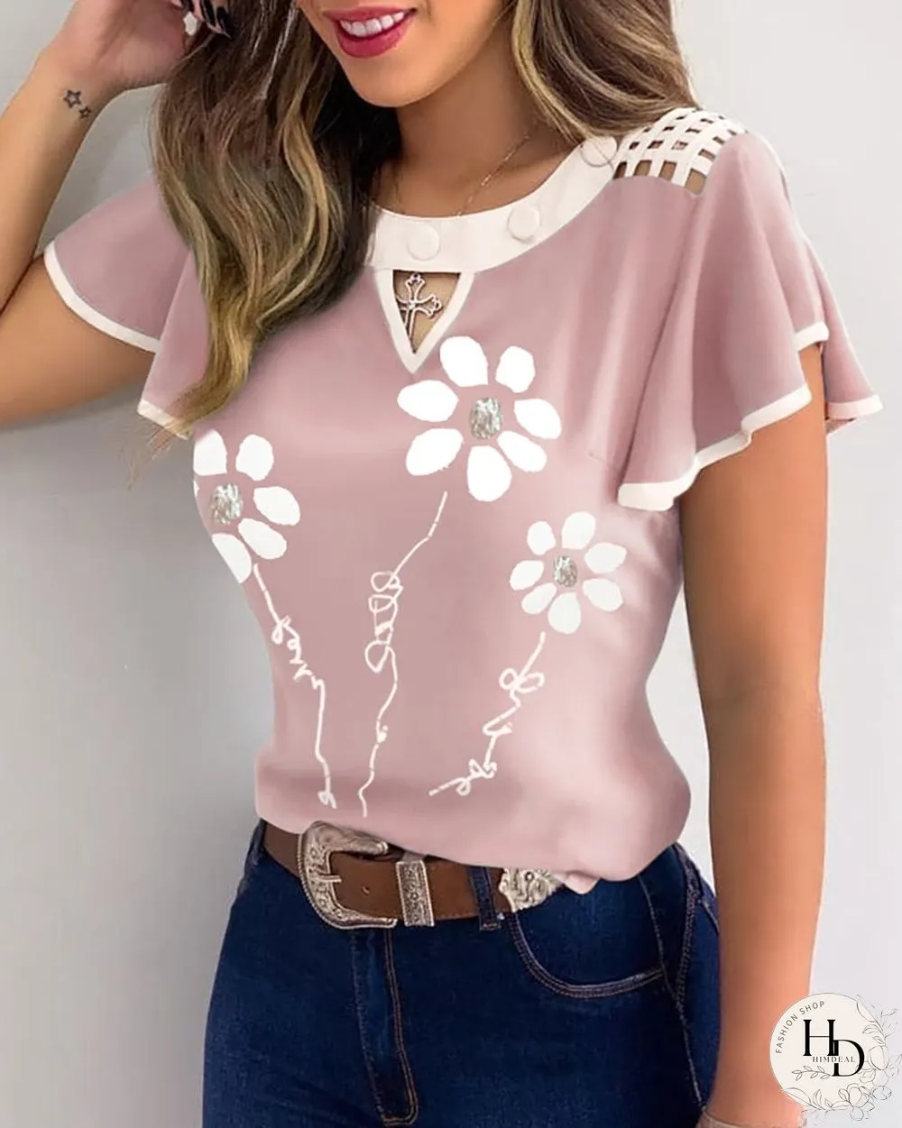 Womens Fashion Elegant Casual Floral Hollow Out Blouse Striped Colorblock Sheer Mesh