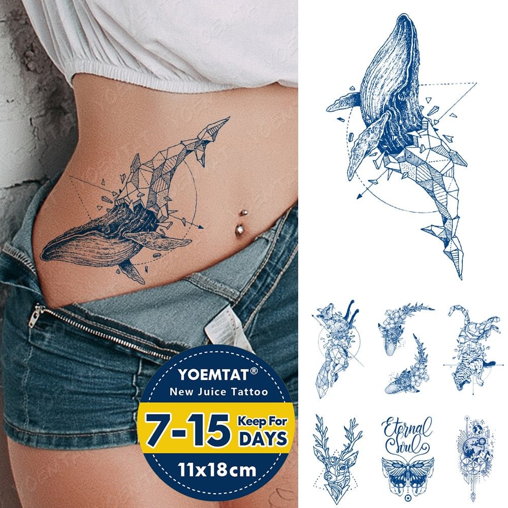 Juice Lasting Ink Tattoos Body Art Waterproof Temporary Tattoo Sticker Lines Tatoo Arm Fake Whale Tiger Fox Deer Tatto Women Men