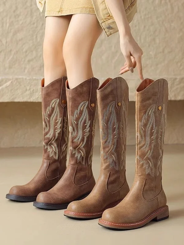 Brown embroidered back zipper long boots