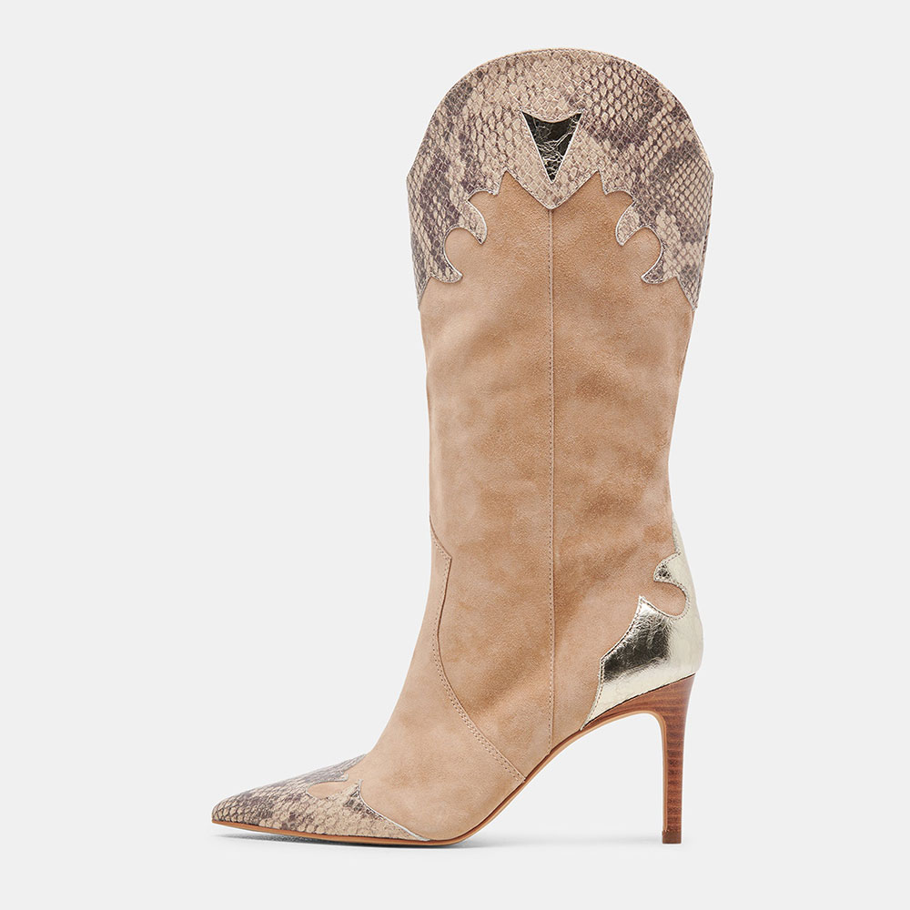 Tan Pointed Toe Patchwork Snakeskin Cowgirl Boots with Stiletto Heel
