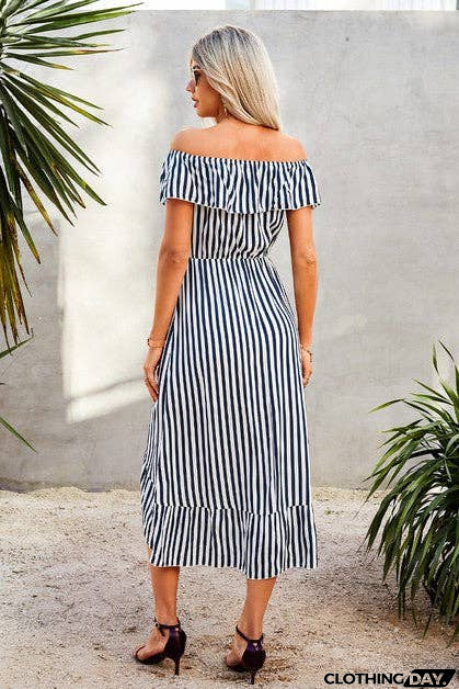 Elegant Striped Ruffled Midi Dress