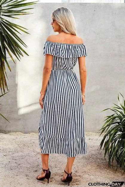 Elegant Striped Ruffled Midi Dress